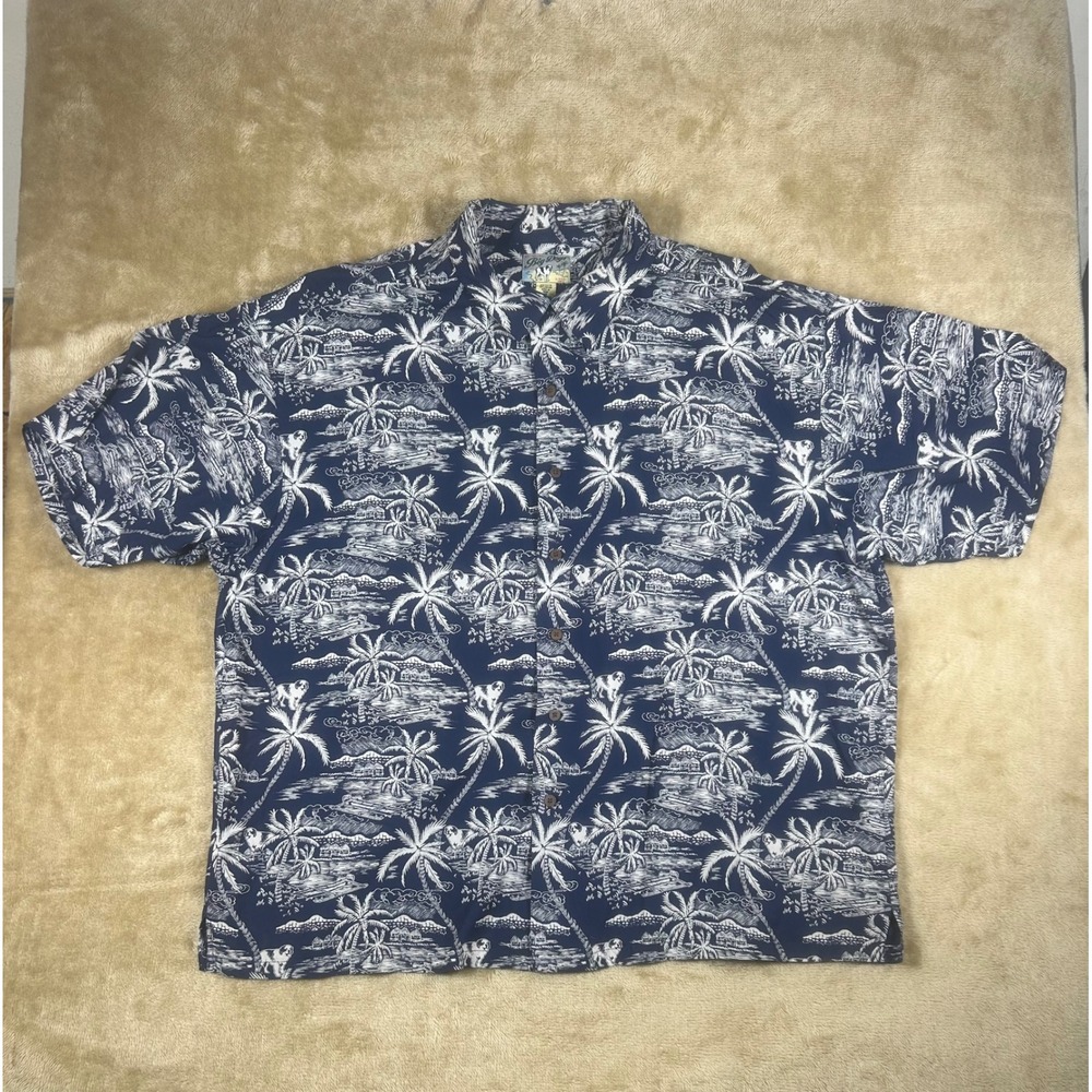 Big Dogs Mens 3X Hawaiian‎ Shirt Blue White Tropical Palm Tree Rayon Button Up